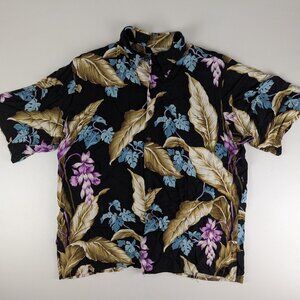 Reyn Spooner Hawaiian Aloha Shirt Size M Floral Black Blue Button Up S/S Island.